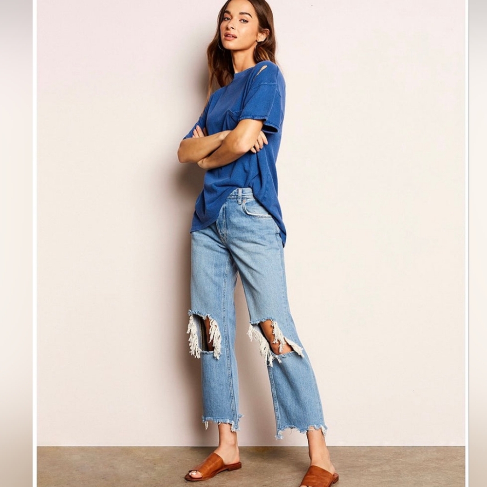 We The Free Maggie Distressed Baggy Straight Leg Cropped Jeans Size 27